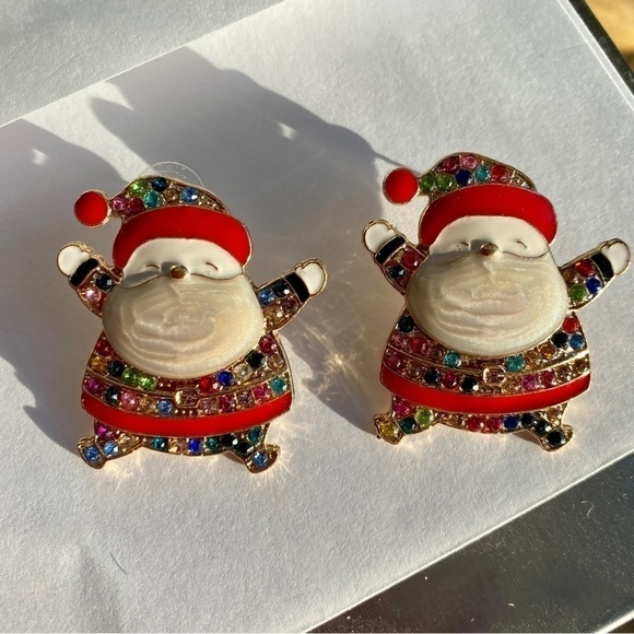 Santa Holiday Rhinestone Pierced Enamel Earrings - Picture 3 of 8